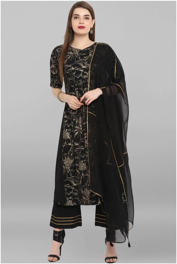 Women Crepe A-line Printed Long Kurti With Palazzos And Dupatta - Black, S