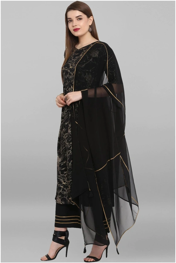 Women Crepe A-line Printed Long Kurti With Palazzos And Dupatta - Black, S