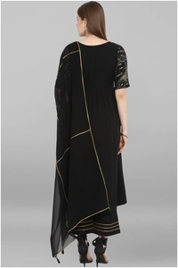Women Crepe A-line Printed Long Kurti With Palazzos And Dupatta - Black, S