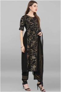Women Crepe A-line Printed Long Kurti With Palazzos And Dupatta - Black, M