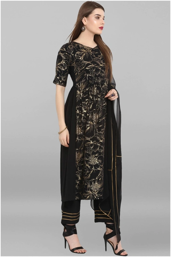 Women Crepe A-line Printed Long Kurti With Palazzos And Dupatta - Black, M