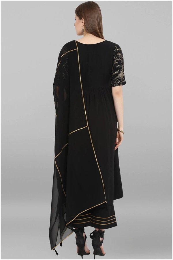 Women Crepe A-line Printed Long Kurti With Palazzos And Dupatta - Black, XXL