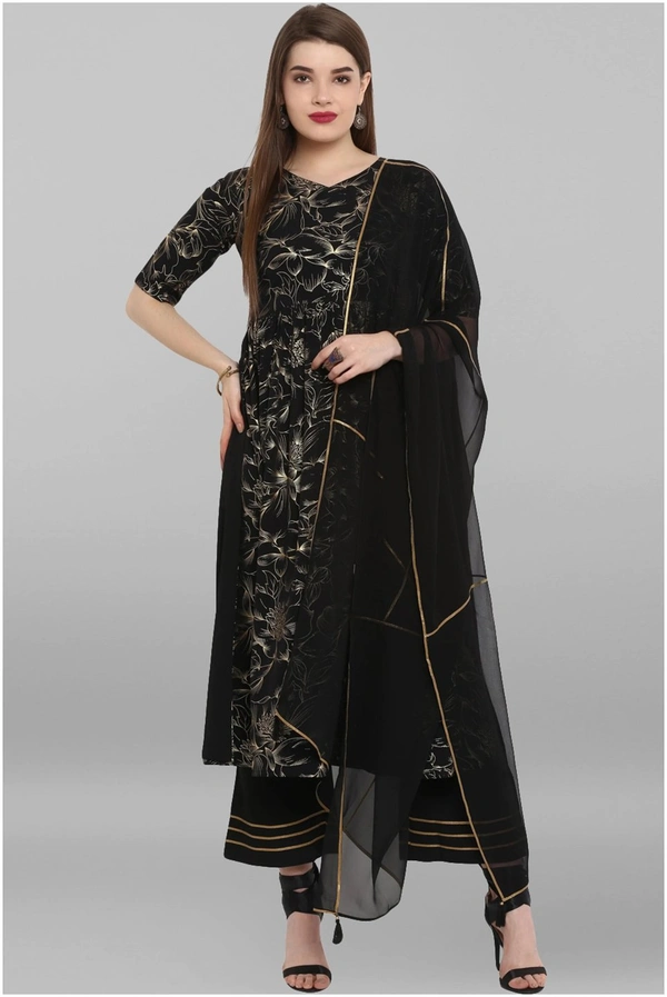 Women Crepe A-line Printed Long Kurti With Palazzos And Dupatta - Black, XXL