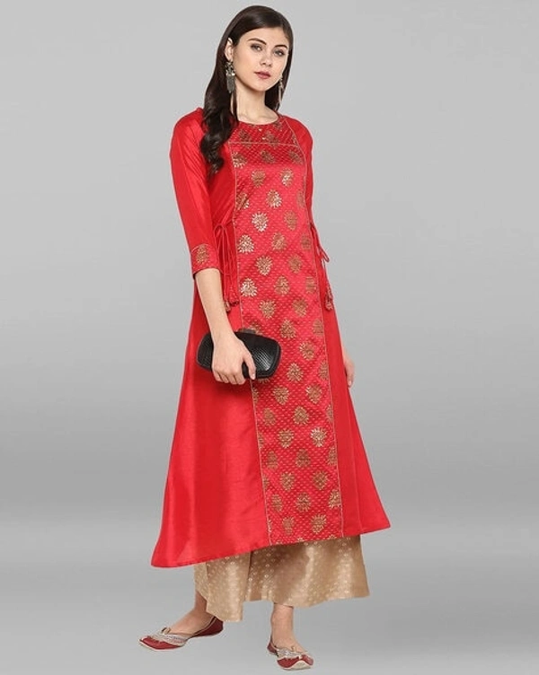 Women Crepe Panelled Printed Long Kurti With Palazzos - Red, S