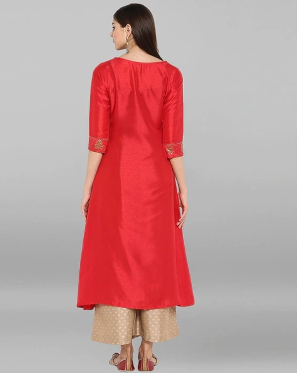 Women Crepe Panelled Printed Long Kurti With Palazzos - Red, L
