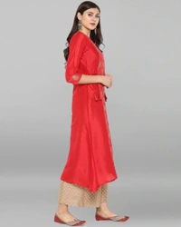 Women Crepe Panelled Printed Long Kurti With Palazzos - Red, XL