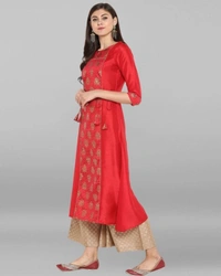 Women Crepe Panelled Printed Long Kurti With Palazzos - Red, XL