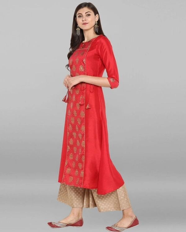 Women Crepe Panelled Printed Long Kurti With Palazzos - Red, XL