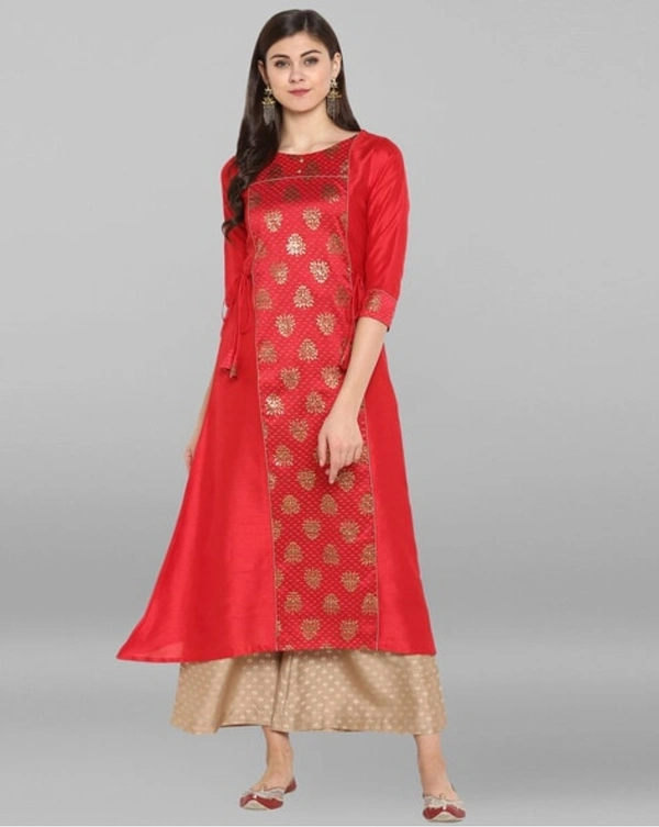 Women Crepe Panelled Printed Long Kurti With Palazzos - Red, XL