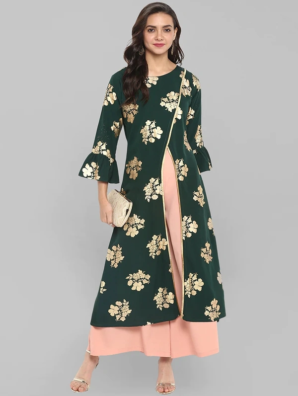 Women Crepe High- Slit Printed Long Kurti With Palazzos - Green, S