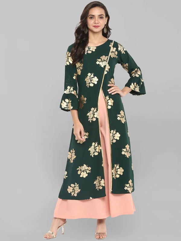 Women Crepe High- Slit Printed Long Kurti With Palazzos - Green, L