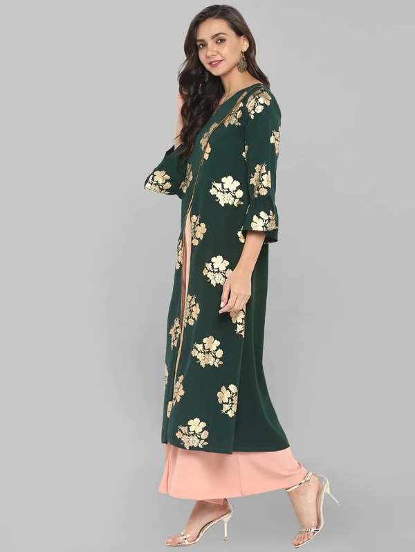 Women Crepe High- Slit Printed Long Kurti With Palazzos - Green, L