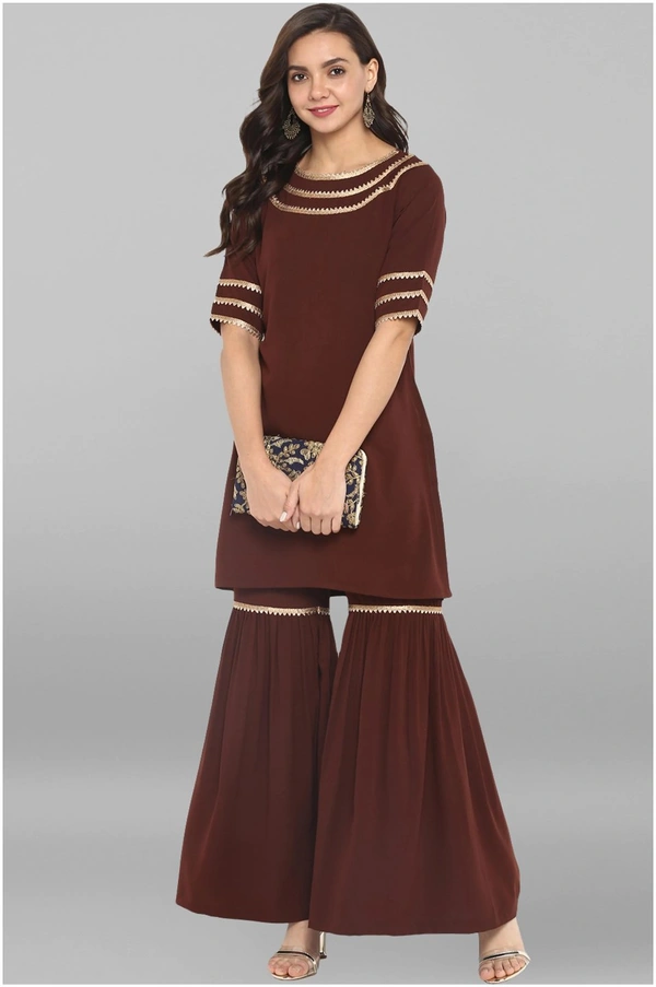 Women's Solid Crepe Kurta with Sharara| - Brown, L