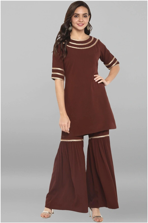 Women's Solid Crepe Kurta with Sharara| - Brown, XXXL