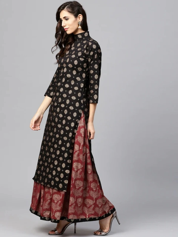 Women's Printed Rayon Kurta set with Skirt - M