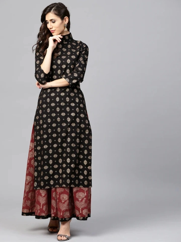 Women's Printed Rayon Kurta set with Skirt - M