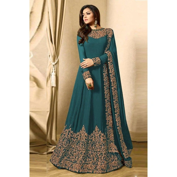 Designer Trendy Faux Georgette Embroidery Ethnic Gowns - Free Size, Pecock Blue