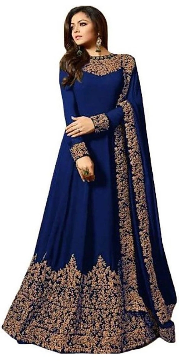 Designer Trendy Faux Georgette Embroidery Ethnic Gowns - Free Size, Dark Blue