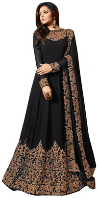 Designer Trendy Faux Georgette Embroidery Ethnic Gowns - Free Size, Black