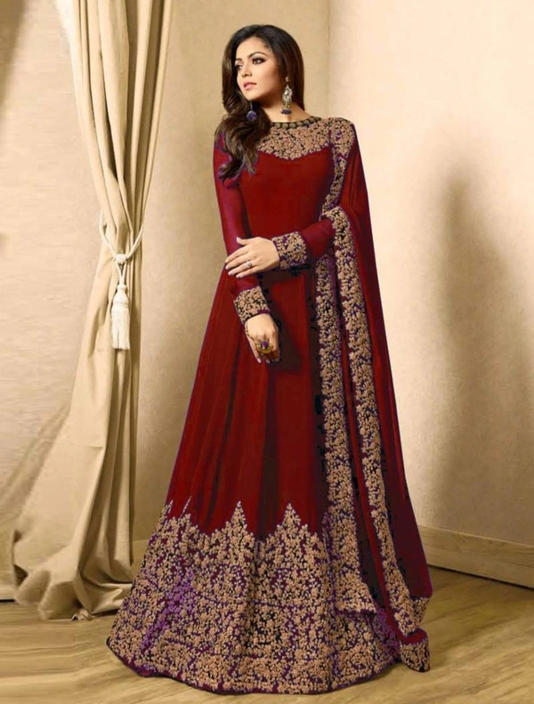 Designer Trendy Faux Georgette Embroidery Ethnic Gowns - Free Size, Red 