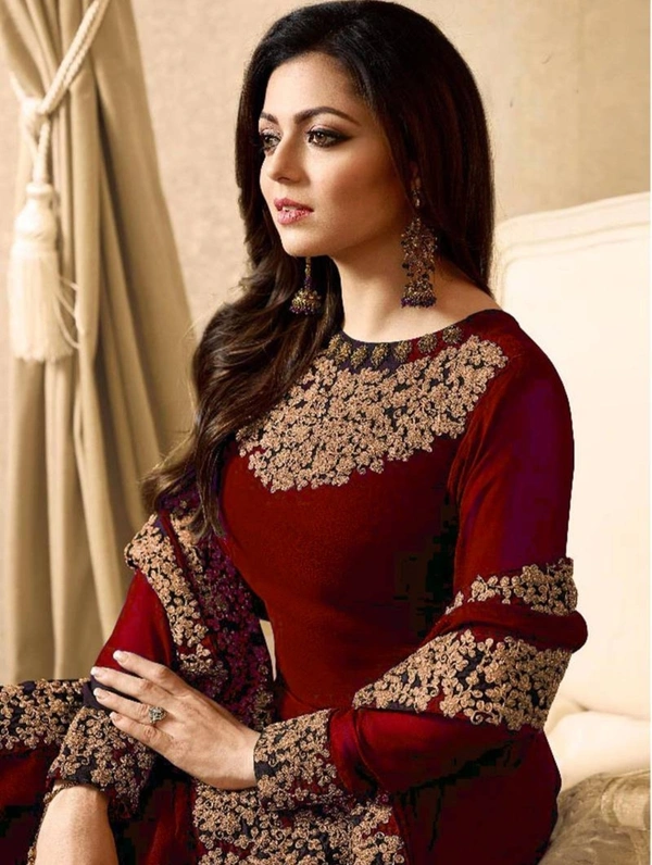 Designer Trendy Faux Georgette Embroidery Ethnic Gowns - Free Size, Red 
