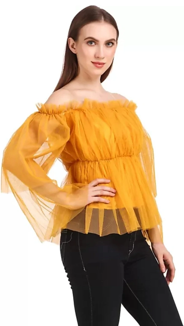 Women's Off Shoulder Net top - Mustard, L