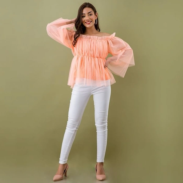 Women's Off Shoulder Net top - Peach, M