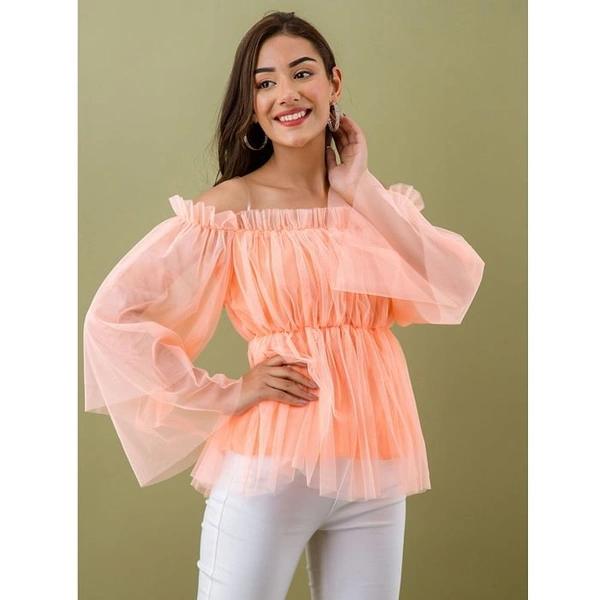 Women's Off Shoulder Net top - Peach, M