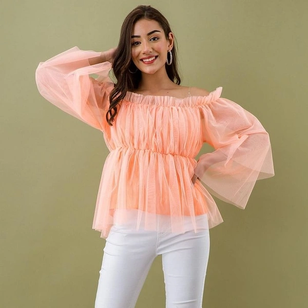 Women's Off Shoulder Net top - Peach, M