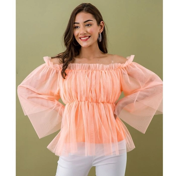 Women's Off Shoulder Net top - Peach, M