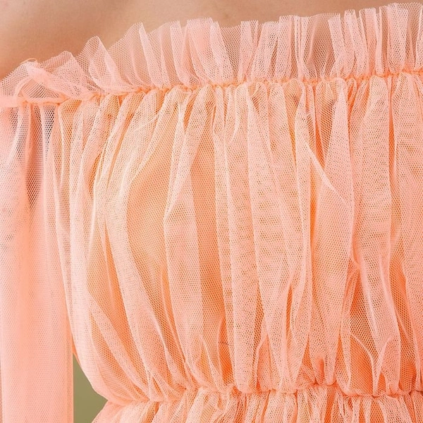 Women's Off Shoulder Net top - Peach, M