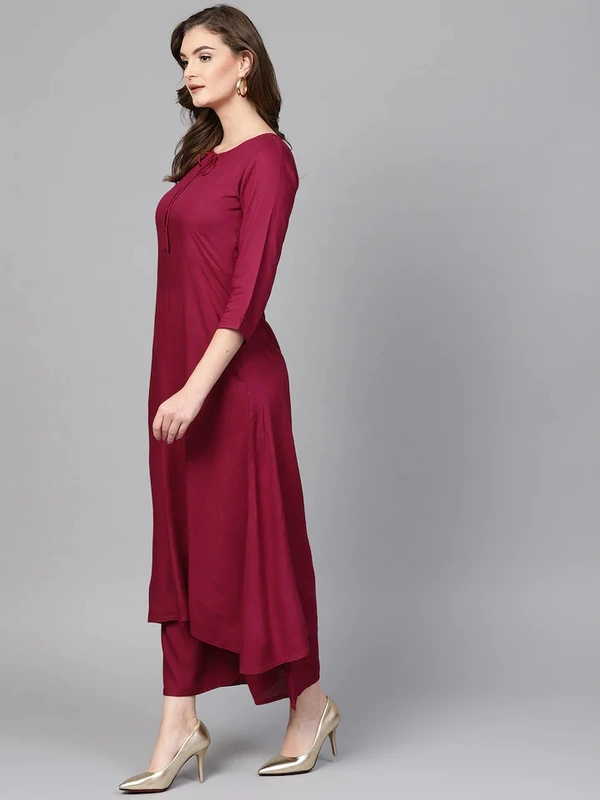 Women Rayon A-line Solid Long Kurti With Palazzos And Dupatta - Maroon, S