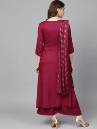 Women Rayon A-line Solid Long Kurti With Palazzos And Dupatta - Maroon, S