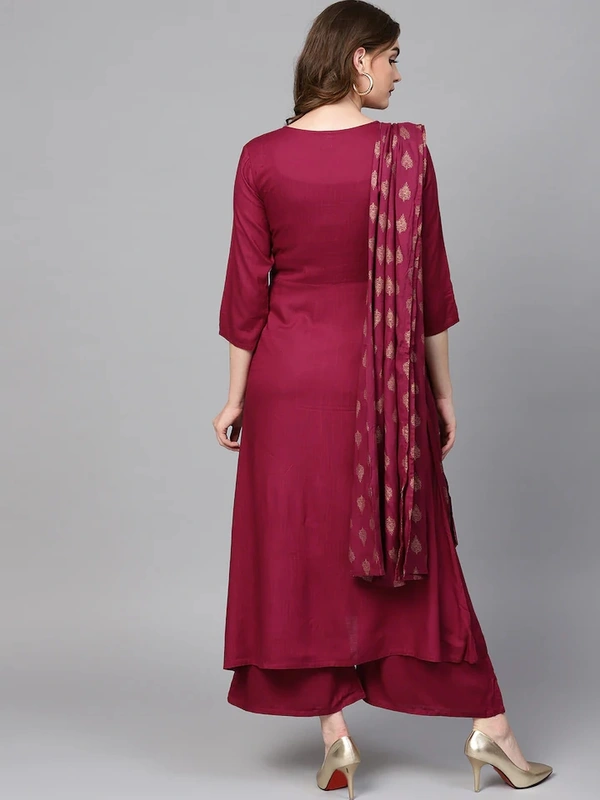 Women Rayon A-line Solid Long Kurti With Palazzos And Dupatta - Maroon, S