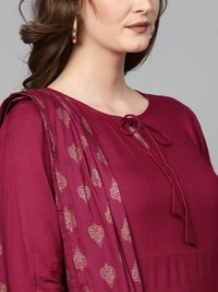 Women Rayon A-line Solid Long Kurti With Palazzos And Dupatta - Maroon, XXXL