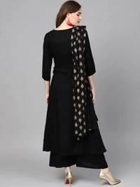 Women Rayon A-line Solid Long Kurti With Palazzos And Dupatta - Black, XL