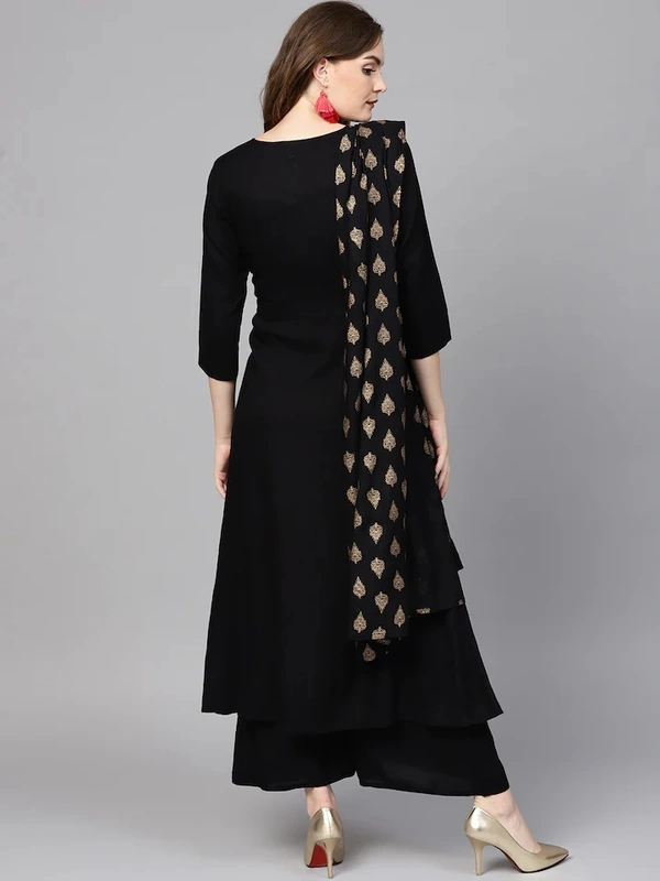 Women Rayon A-line Solid Long Kurti With Palazzos And Dupatta - Black, XL