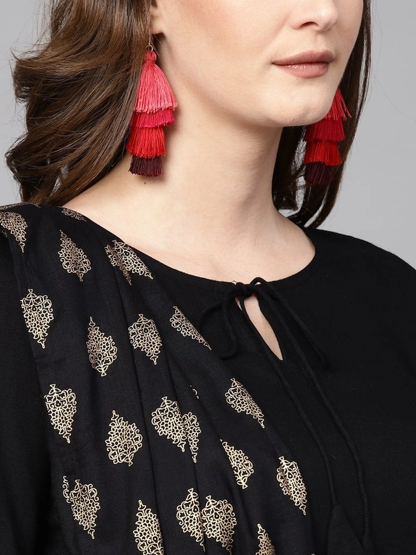 Women Rayon A-line Solid Long Kurti With Palazzos And Dupatta - Black, XL