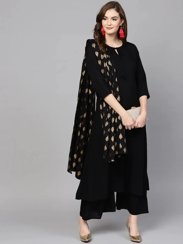 Women Rayon A-line Solid Long Kurti With Palazzos And Dupatta - Black, XL