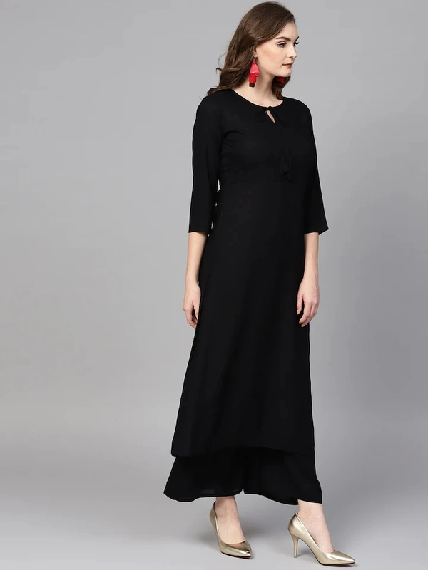 Women Rayon A-line Solid Long Kurti With Palazzos And Dupatta - Black, XXL