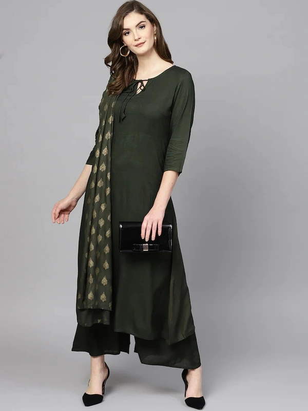 Women Rayon A-line Solid Long Kurti With Palazzos And Dupatta - S, Olive Green