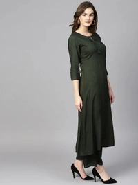 Women Rayon A-line Solid Long Kurti With Palazzos And Dupatta - S, Olive Green