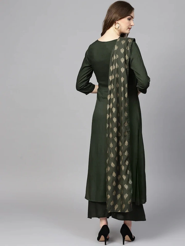 Women Rayon A-line Solid Long Kurti With Palazzos And Dupatta - S, Olive Green