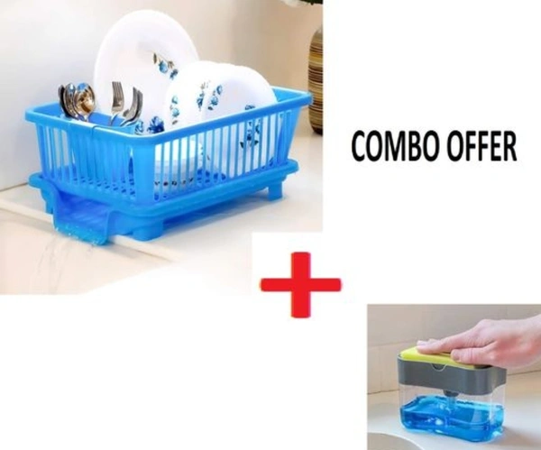 Tenido 3 In 1 Kitchen Sink Dish Rack Drainer Drying Rack Wasing Basket With Tray For Kitchen,Dish Rack Oraganizers And Shop Pump 2 in 1 Liquid Soap Dispenser Pump Sponge Caddy for Dish Soap. (Blue Colour)