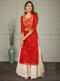 Women's Red Rayon Kurta Set with Sharara - S