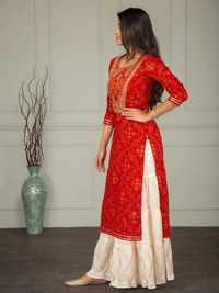 Women's Red Rayon Kurta Set with Sharara - S