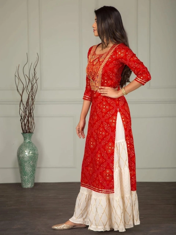 Women's Red Rayon Kurta Set with Sharara - S