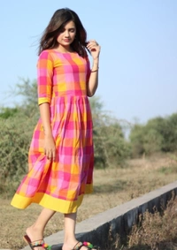Pink And Yellow Checks Cotton Dress - S