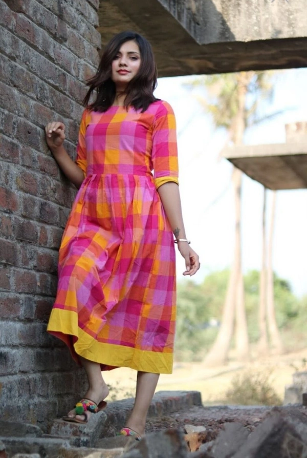 Pink And Yellow Checks Cotton Dress - XL