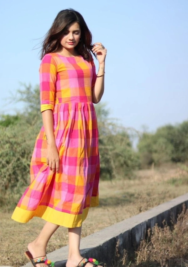 Pink And Yellow Checks Cotton Dress - XL
